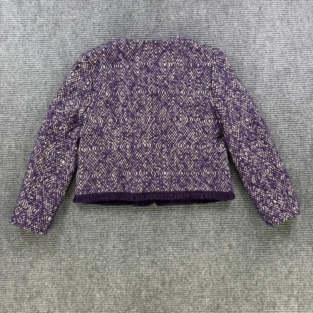 J.Crew Purple‎ Diamond Tweed Jacket Womens 6 Gold Button Fringe Trim Wool Blend - Picture 3 of 13